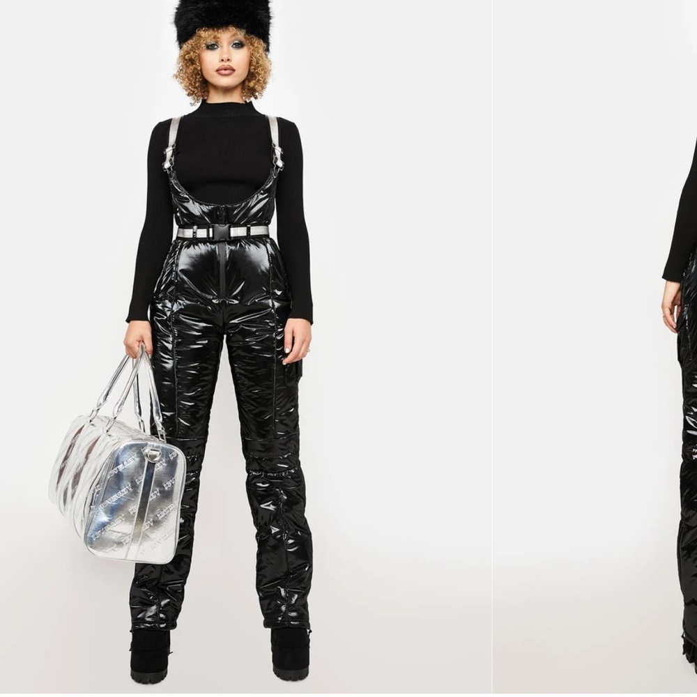 Shiny black snow pants with suspenders!